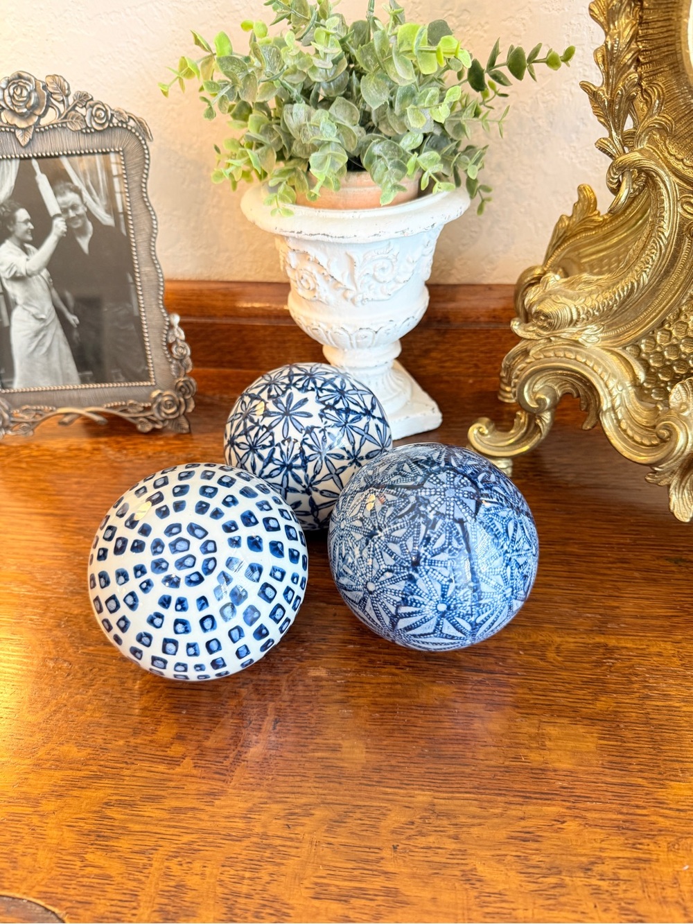Blue & White Decorative Ceramic Spheres – Set of 3 - Picture 3 of 16